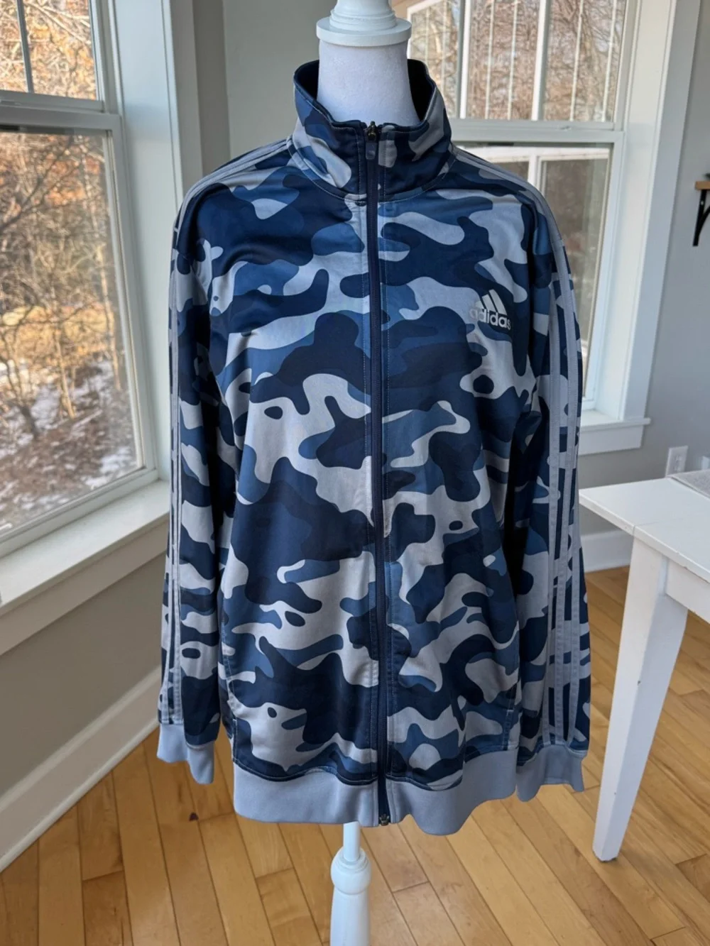 Adidas Essentials Blue Gray Camouflage Camo Track Jacket Size Large Unisex